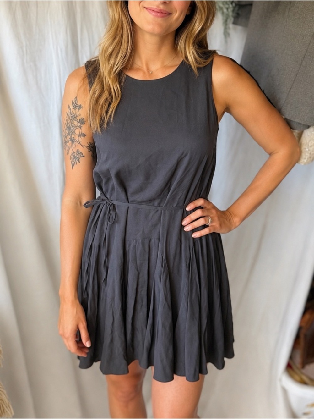 H&M Charcoal Sleeveless Tie-Waist Mini Dress